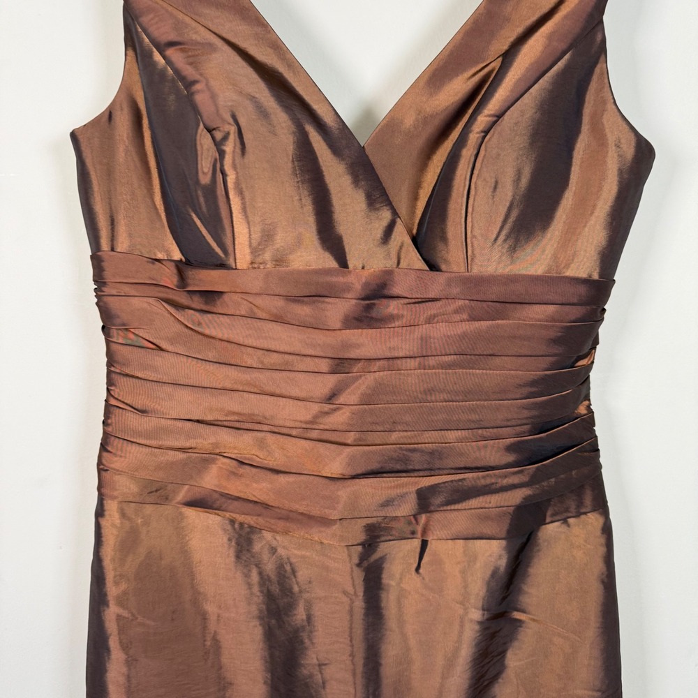 Me Too VTG Brown Satin Cocktail Surpliced V Neck Dress Size 12 - Picture 3 of 9